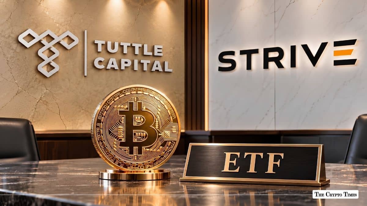 Physical Bitcoin coin and an ETF desk plaque set against Tuttle Capital and Strive brand walls.