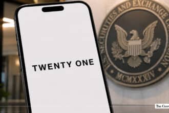 Smartphone showing the Twenty One logo on screen next to an official SEC seal on a office wall