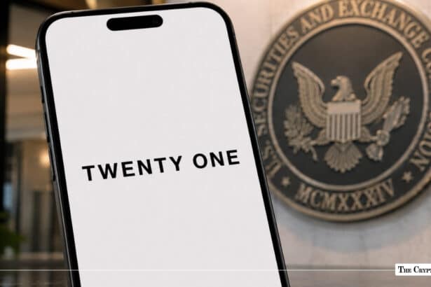 Smartphone showing the Twenty One logo on screen next to an official SEC seal on a office wall