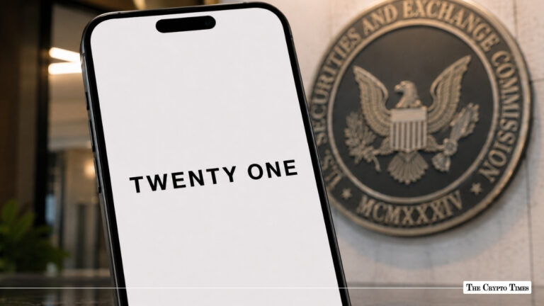 Smartphone showing the Twenty One logo on screen next to an official SEC seal on a office wall