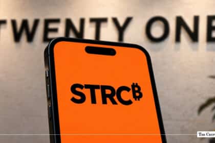 A smartphone displaying the STRC ticker with a Bitcoin symbol in front of a wall featuring the Twenty One Capital logo.