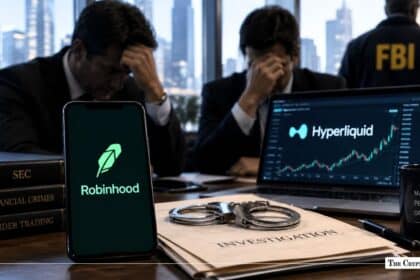 Robinhood and Hyperliquid screens displayed during an financial investigation with handcuffs on a desk.