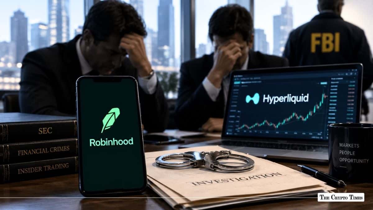 Robinhood and Hyperliquid screens displayed during an financial investigation with handcuffs on a desk.