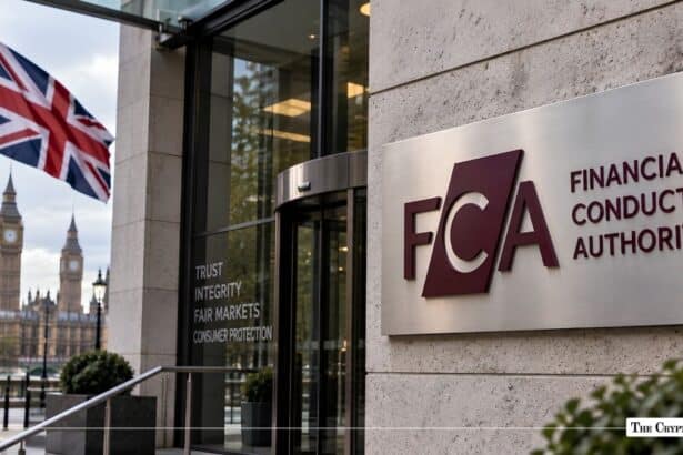 Financial Conduct Authority (FCA) building sign with the Union Jack flag and Palace of Westminster in the background.