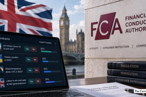 UK Financial Conduct Authority (FCA) building with a prediction market screen and British flag.
