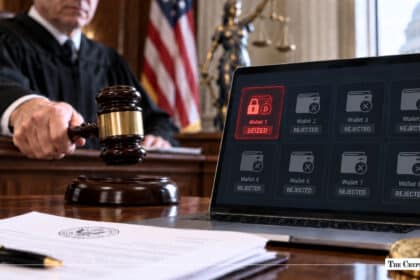 Judge holding a gavel next to a laptop showing seized and rejected crypto wallets with US Capitol background