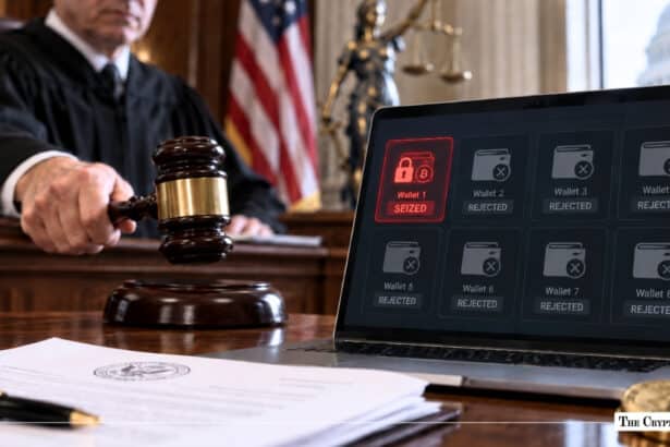Judge holding a gavel next to a laptop showing seized and rejected crypto wallets with US Capitol background