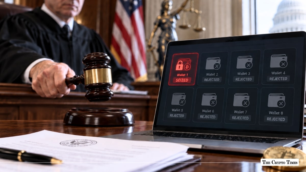 Judge holding a gavel next to a laptop showing seized and rejected crypto wallets with US Capitol background