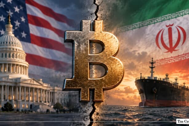Cracked Bitcoin logo splitting US Capitol building with American flag and Iranian oil tanker with Iranian flag