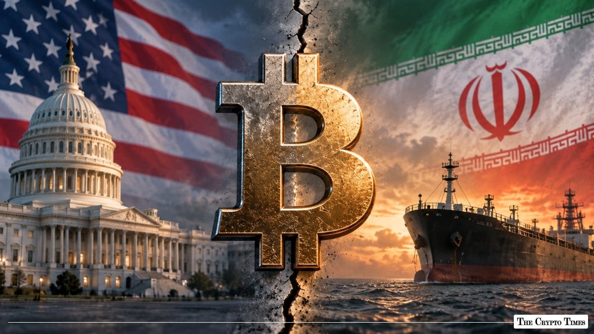 Cracked Bitcoin logo splitting US Capitol building with American flag and Iranian oil tanker with Iranian flag