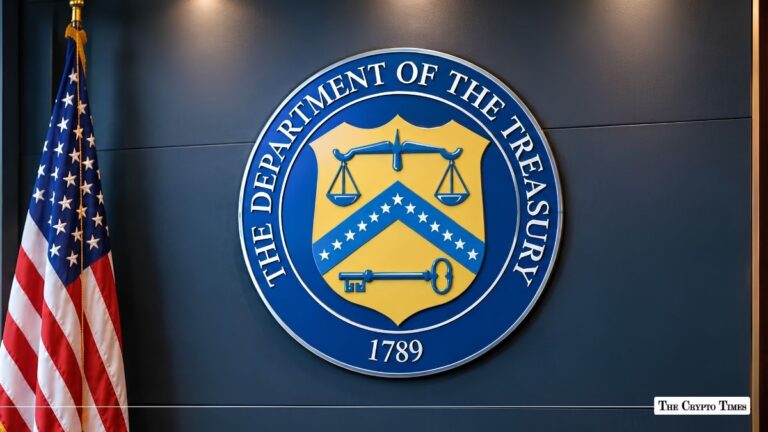 Official seal of the United States Department of the Treasury mounted beside an American flag.