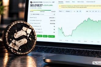 Physical USELESS STONK crypto token next to a laptop displaying the coin's price chart.