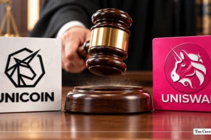 Unicoin logo tile next to a judge's gavel and a pink Uniswap logo tile set on a wooden courtroom desk
