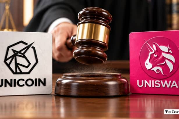 Unicoin logo tile next to a judge's gavel and a pink Uniswap logo tile set on a wooden courtroom desk