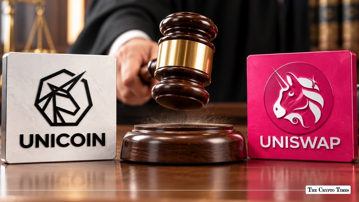 Unicoin logo tile next to a judge's gavel and a pink Uniswap logo tile set on a wooden courtroom desk