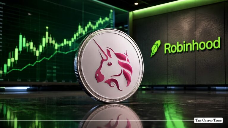 Uniswap coin beside the Robinhood logo with a green price chart behind