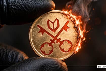 Gloved hand holding a gold coin stamped with crossed keys, with the outer edge catching fire and emitting smoke