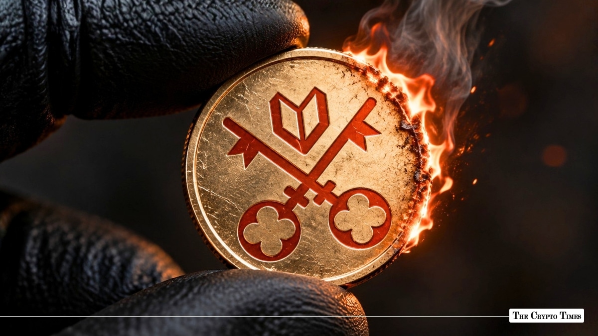 Gloved hand holding a gold coin stamped with crossed keys, with the outer edge catching fire and emitting smoke