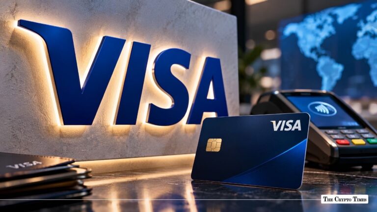 Dark blue Visa card standing in front of an illuminated Visa sign and POS terminal.
