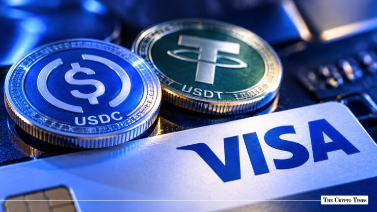 USDC and Tether USDT stablecoin coins resting on top of a Visa credit card