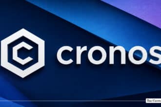 Cronos logo and wordmark on a blue geometric background.