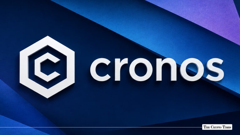 Cronos logo and wordmark on a blue geometric background.