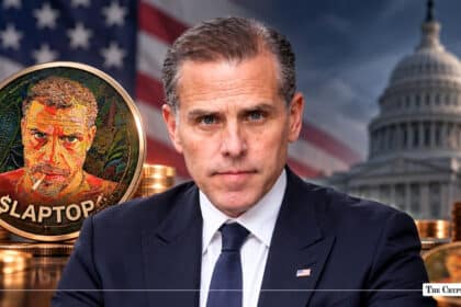 Hunter Biden next to $LAPTOP meme coin gold token with US flag and Capitol building background