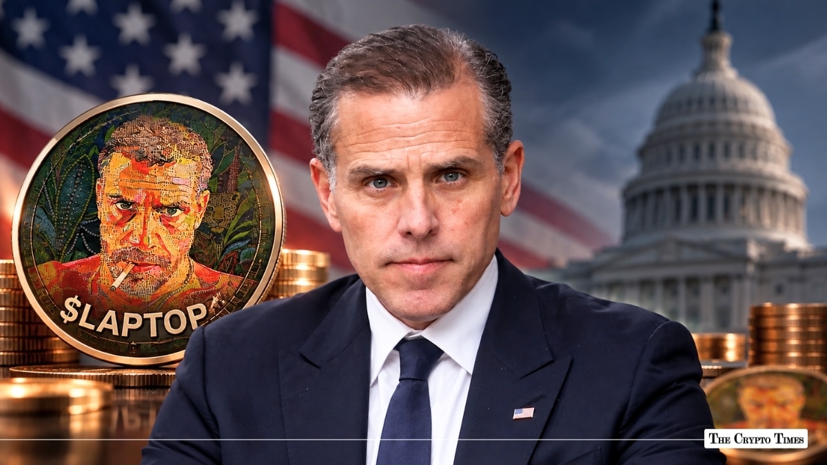Hunter Biden next to $LAPTOP meme coin gold token with US flag and Capitol building background
