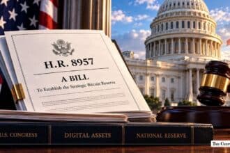 Document titled "H.R. 8957 A BILL To Establish the Strategic Bitcoin Reserve" beside a wooden gavel in front of the U.S. Capitol.