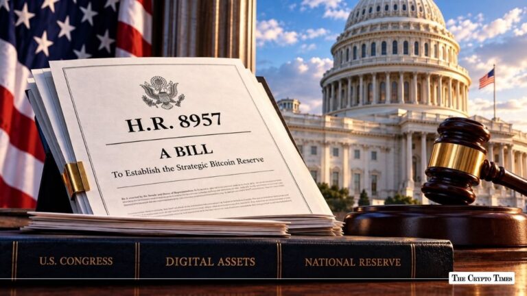 Document titled "H.R. 8957 A BILL To Establish the Strategic Bitcoin Reserve" beside a wooden gavel in front of the U.S. Capitol.