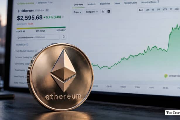 Physical bronze Ethereum coin placed in front of an Ethereum price chart displaying $2,595.68.