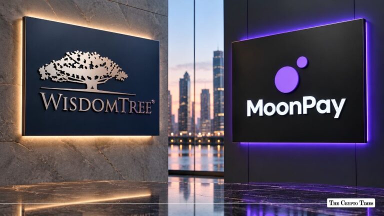 WisdomTree and MoonPay logos displayed side-by-side with a city skyline in the background.