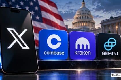 X app on smartphone alongside Coinbase, Kraken, and Gemini logos before the New York skyline.