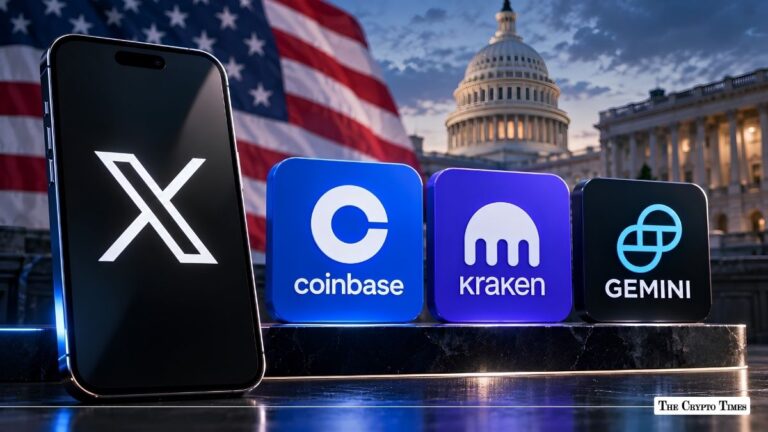 X app on smartphone alongside Coinbase, Kraken, and Gemini logos before the New York skyline.