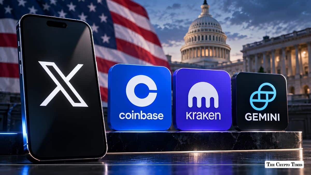 X app on smartphone alongside Coinbase, Kraken, and Gemini logos before the New York skyline.