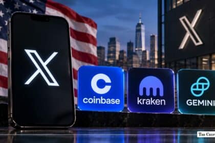 X app on smartphone alongside Coinbase, Kraken, and Gemini logos before the New York skyline.
