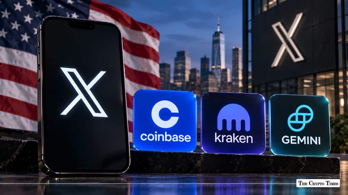 X app on smartphone alongside Coinbase, Kraken, and Gemini logos before the New York skyline.