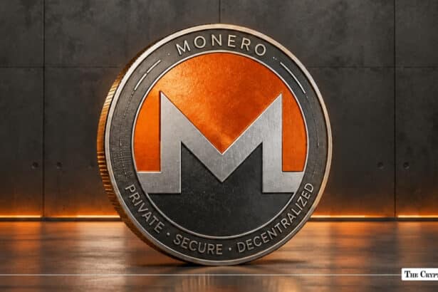 3D rendered metallic Monero emblem with an orange core set against a dark gray textured industrial wall
