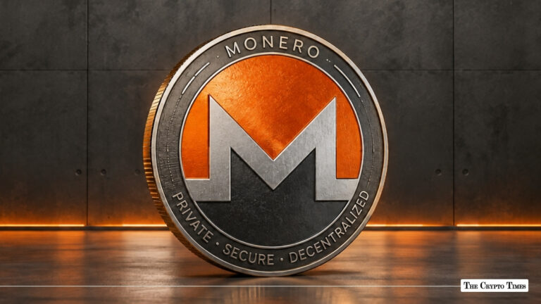 3D rendered metallic Monero emblem with an orange core set against a dark gray textured industrial wall