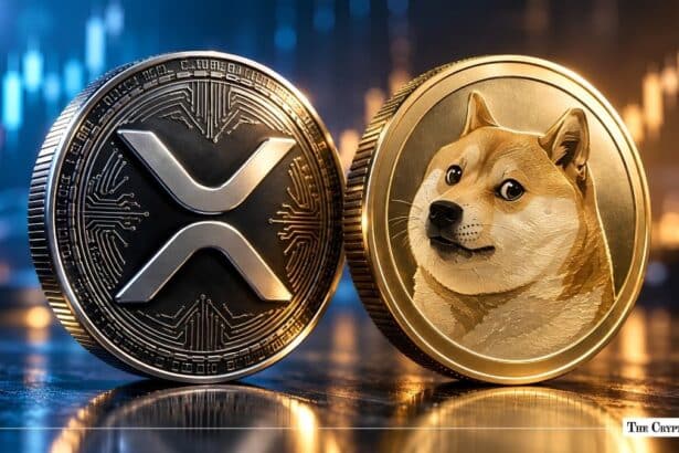 Physical XRP and Dogecoin crypto coins positioned side-by-side.
