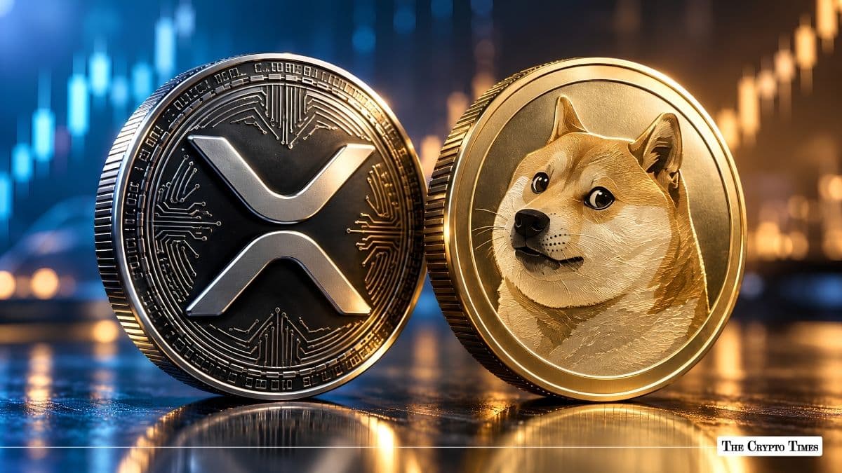 Physical XRP and Dogecoin crypto coins positioned side-by-side.