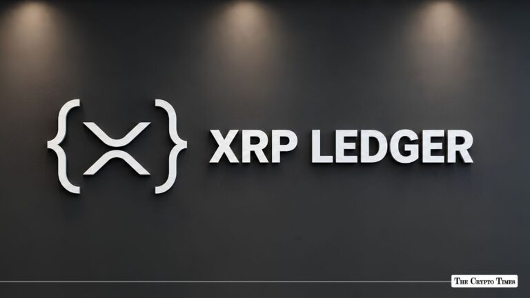 XRP Ledger corporate logo and sign mounted on a dark interior wall.