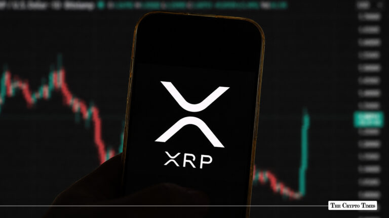 XRP logo displayed on a smartphone with a cryptocurrency trading chart in the background.