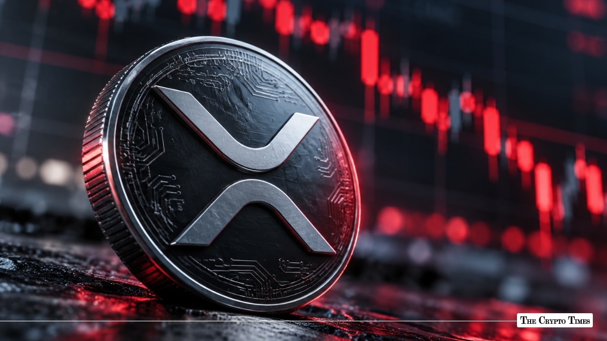 XRP token coin standing upright against a declining red candlestick market chart background