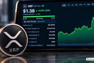 Physical XRP coin standing beside a smartphone showing an XRP price chart at $1.38.