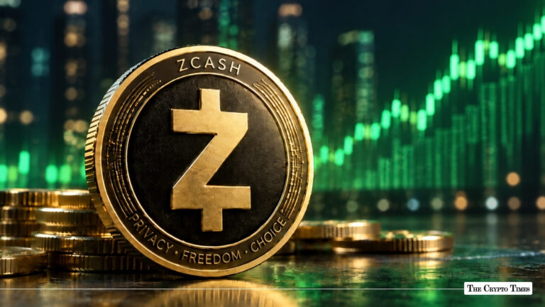Gold Zcash (ZEC) physical token resting on a reflective surface embossed with "PRIVACY • FREEDOM • CHOICE" against a green upward-trending chart