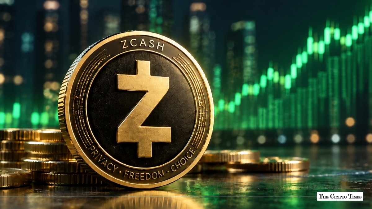 Gold Zcash (ZEC) physical token resting on a reflective surface embossed with "PRIVACY • FREEDOM • CHOICE" against a green upward-trending chart