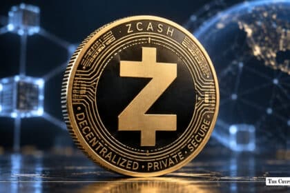 Gold Zcash cryptocurrency coin with Z symbol against a digital blockchain network background