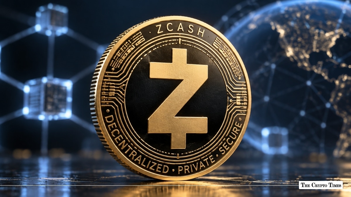 Gold Zcash cryptocurrency coin with Z symbol against a digital blockchain network background