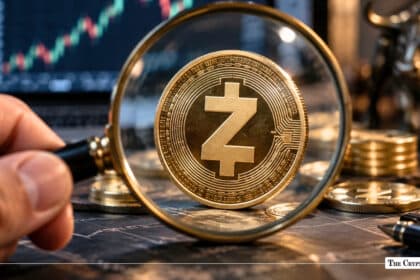 A magnifying glass focused on a physical gold Zcash coin with trading charts and a bronze bull statue in the background.